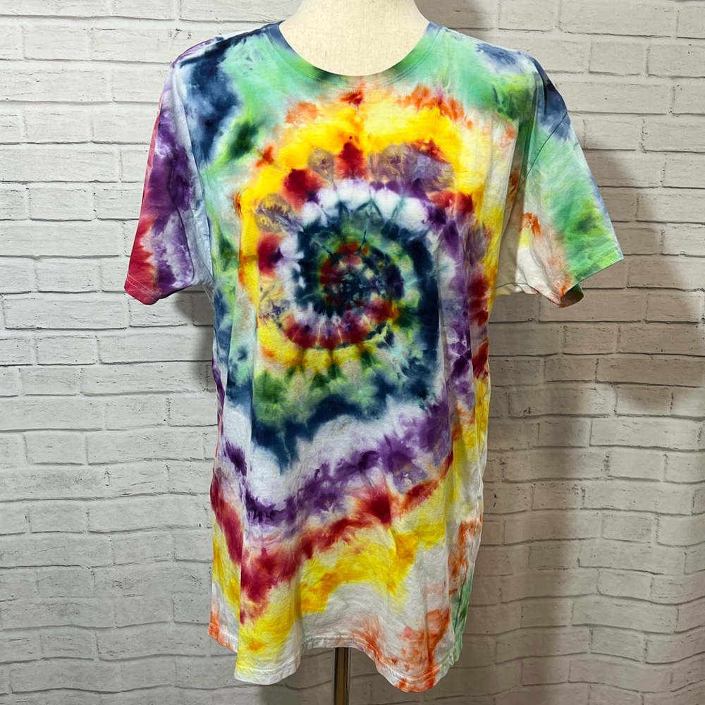 OOAK Rainbow ice dyed tie dye spiral tee Unisex Large